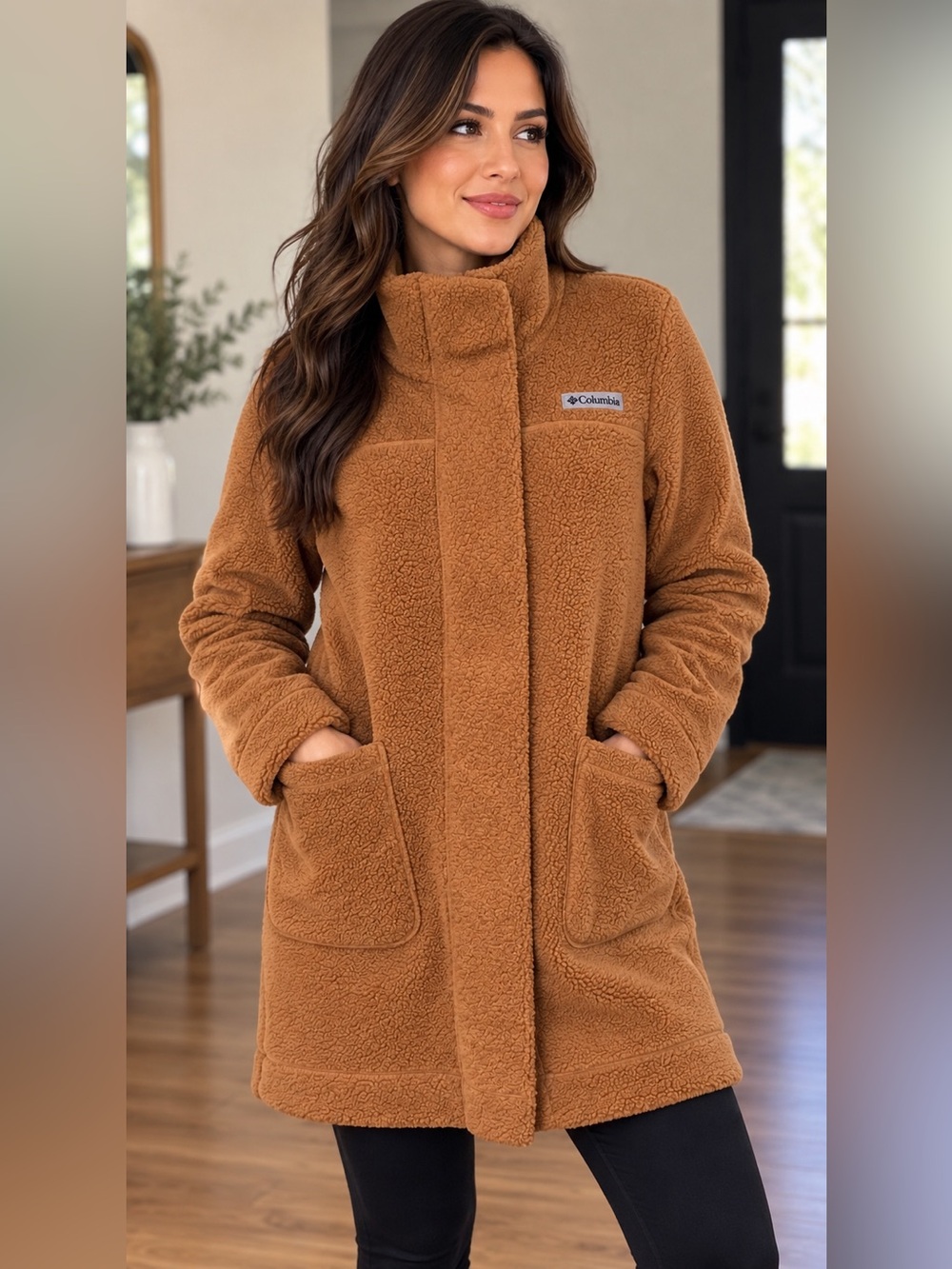 Columbia Women’s Brown Sherpa Fleece Long Jacket Coat Size L